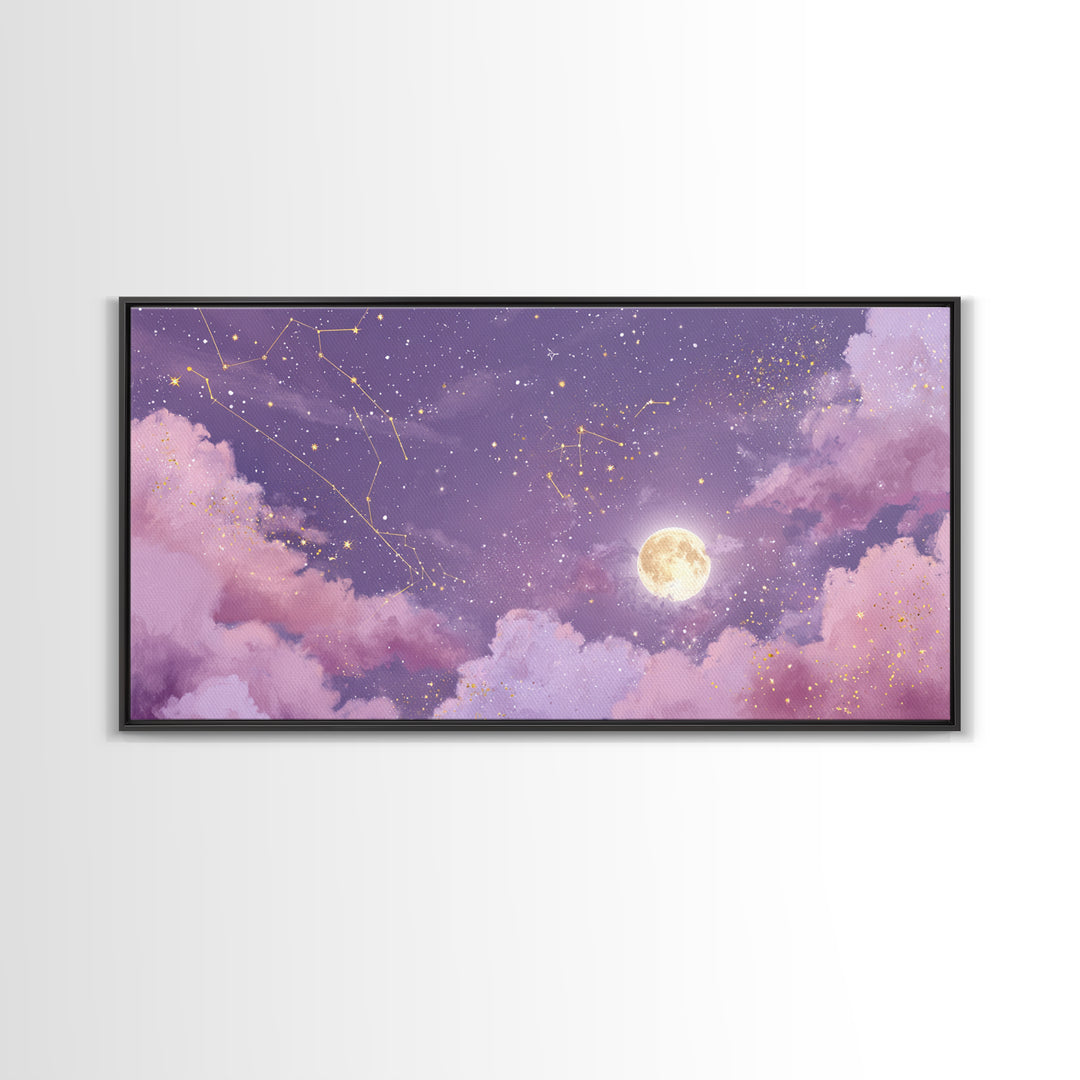 Full Moon Purple Night Sky Wall Art, Gold Constellations And Clouds Canvas Print, Celestial Bedroom Decor Gift, Astrology Wall Decor