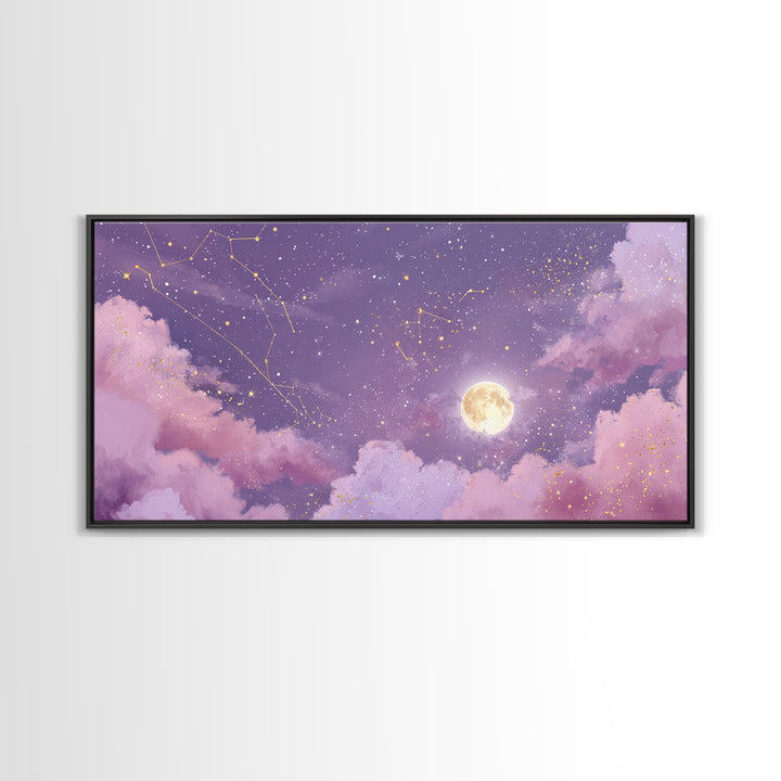 Full Moon Purple Night Sky Wall Art, Gold Constellations And Clouds Canvas Print, Celestial Bedroom Decor Gift, Astrology Wall Decor