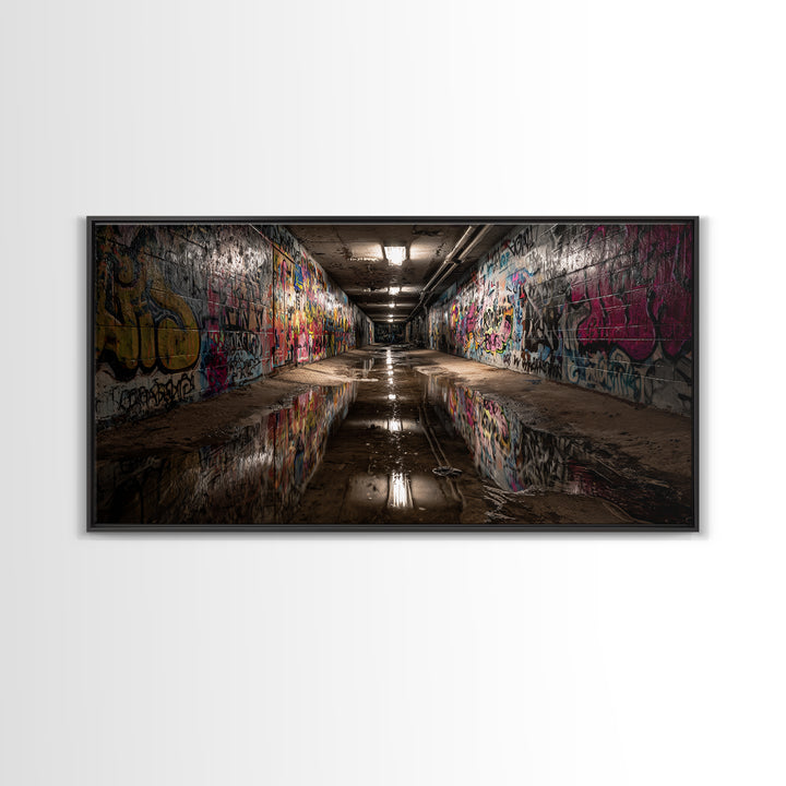 Graffiti Tunnel With Reflective Puddle Wall Art, Urban Street Art Canvas Print, Industrial Decor, Modern Office Wall Decor