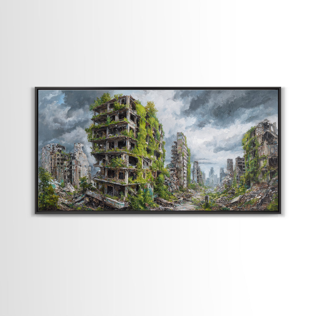 Overgrown Ruined Cityscape Wall Art, Post Apocalyptic Landscape Canvas Print, Urban Nature Decor For Modern Home And Office
