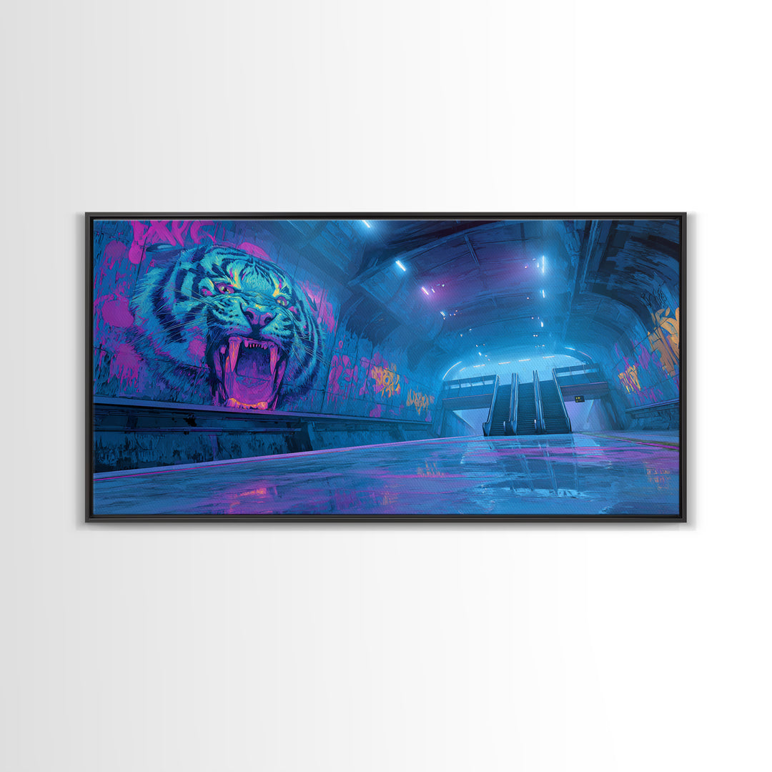 Neon Tiger Subway Canvas Print, Cyberpunk Graffiti Wall Art, Futuristic Blue Pink Gaming Room Decor, Bold Urban Gift For Him