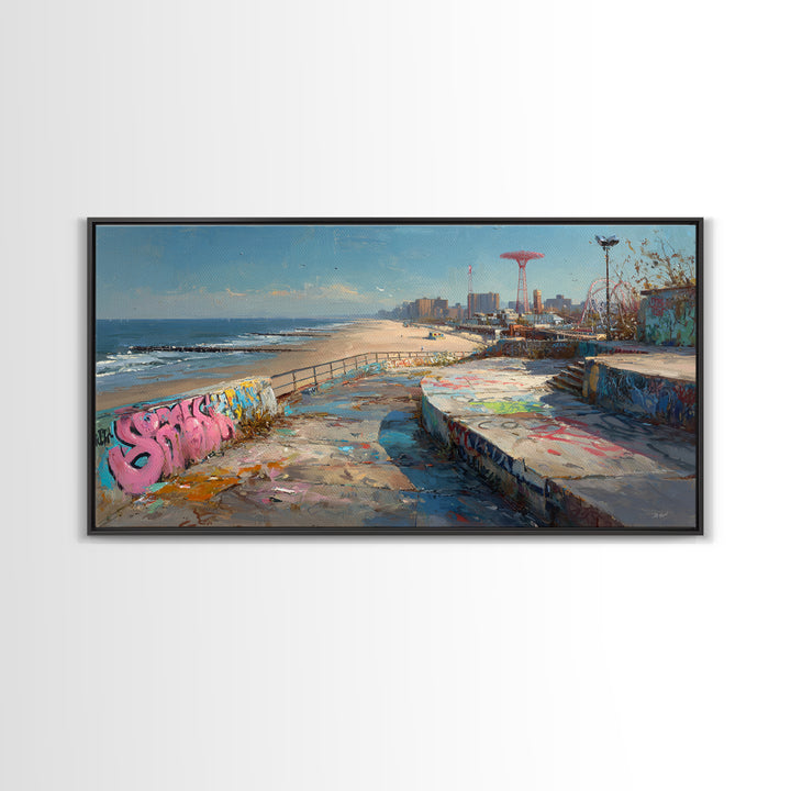 Graffiti Beach Boardwalk Seascape Wall Art, Coney Island Style Travel Poster, Urban Coastal Decor, Ocean City Print, Summer Beach Art
