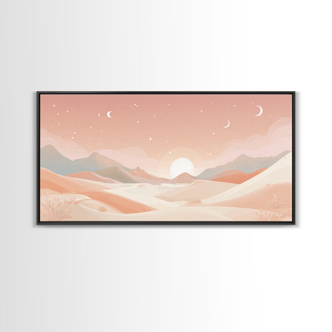 Pastel Desert Sunrise Landscape Canvas Print, Minimalist Mountain Wall Art, Boho Neutral Home Decor For Bedroom And Living Room