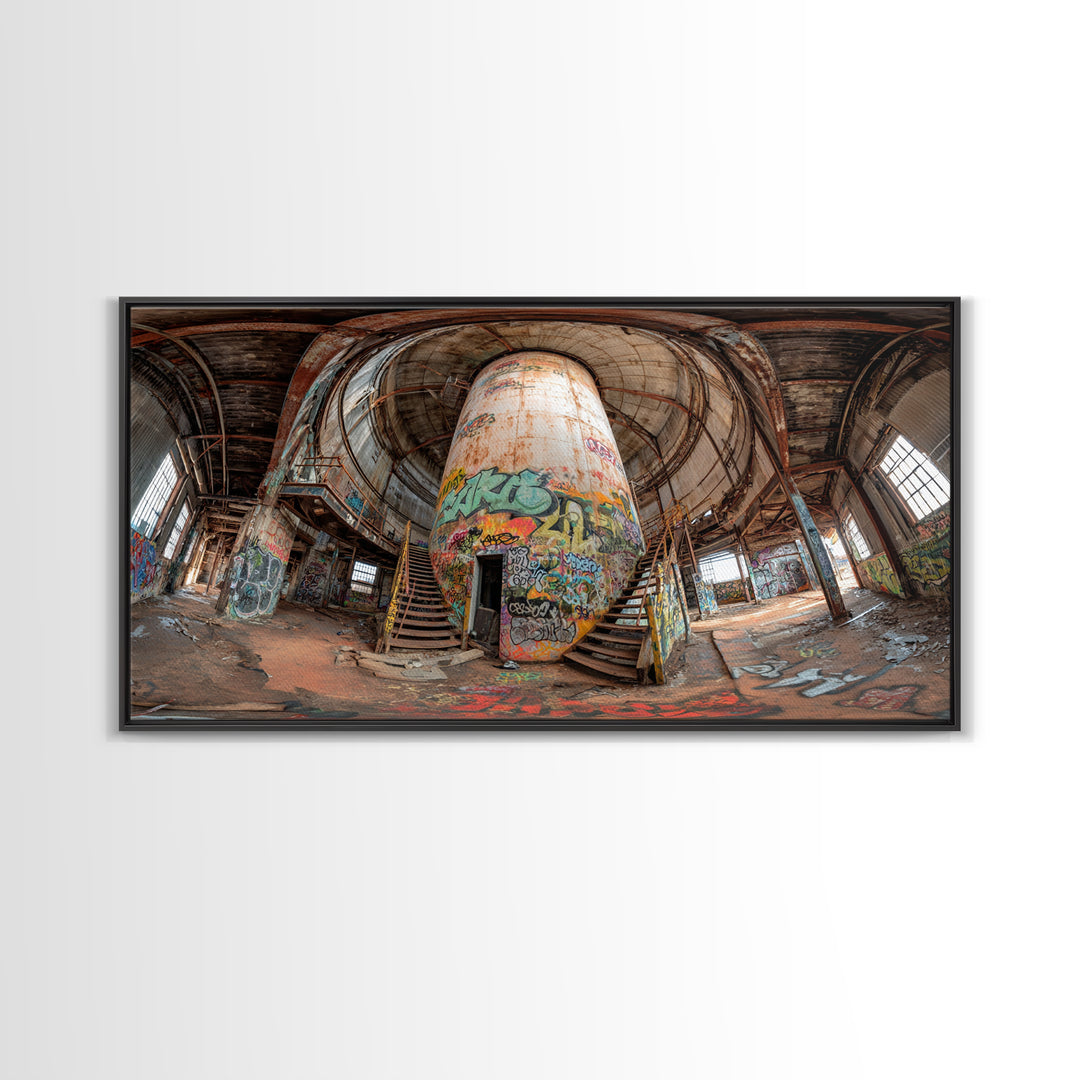 Abandoned Graffiti Silo Wall Art, Urban Industrial Interior Photograph, Street Art Decor, Modern Loft Canvas Print Gift For Home