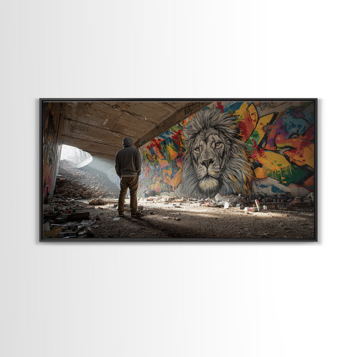 Hooded Figure Before Graffiti Lion Wall Art, Urban Street Art Canvas Print, Bold Industrial Decor, Gift For Him, Modern Home Decor
