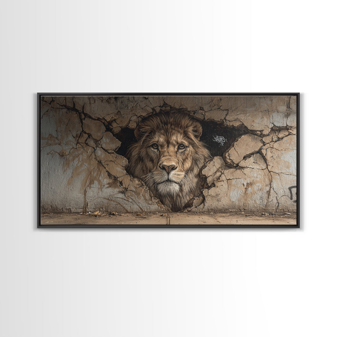 Cracked Wall Lion Mural Wall Art, Wildlife Graffiti Canvas Print, Big Cat Street Art, Urban Decor For Modern Living Room