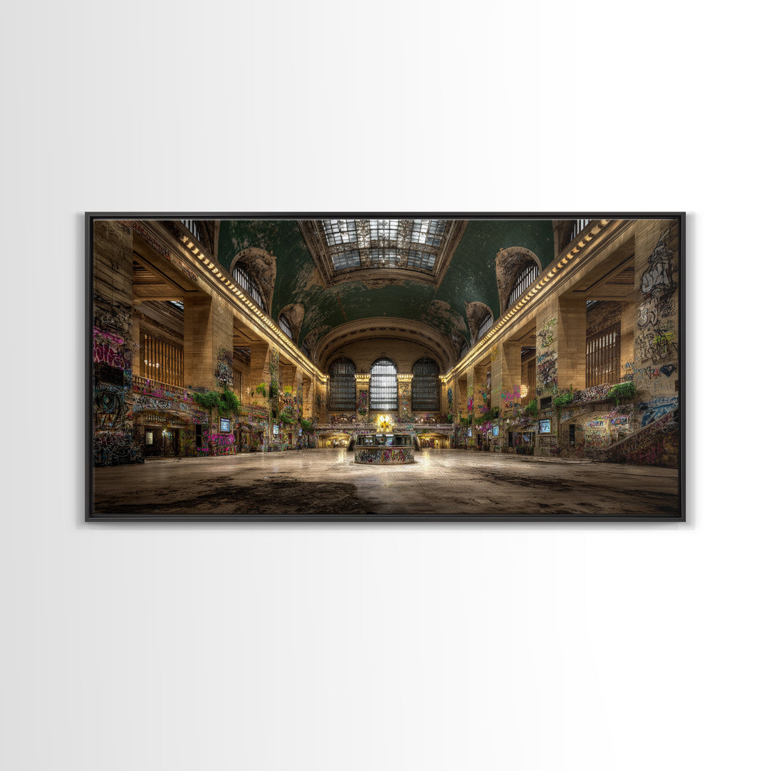 Overgrown Grand Train Station Wall Art, Abandoned Urban Canvas Print, Graffiti Decor, Architecture Poster, Eclectic Wall Decor