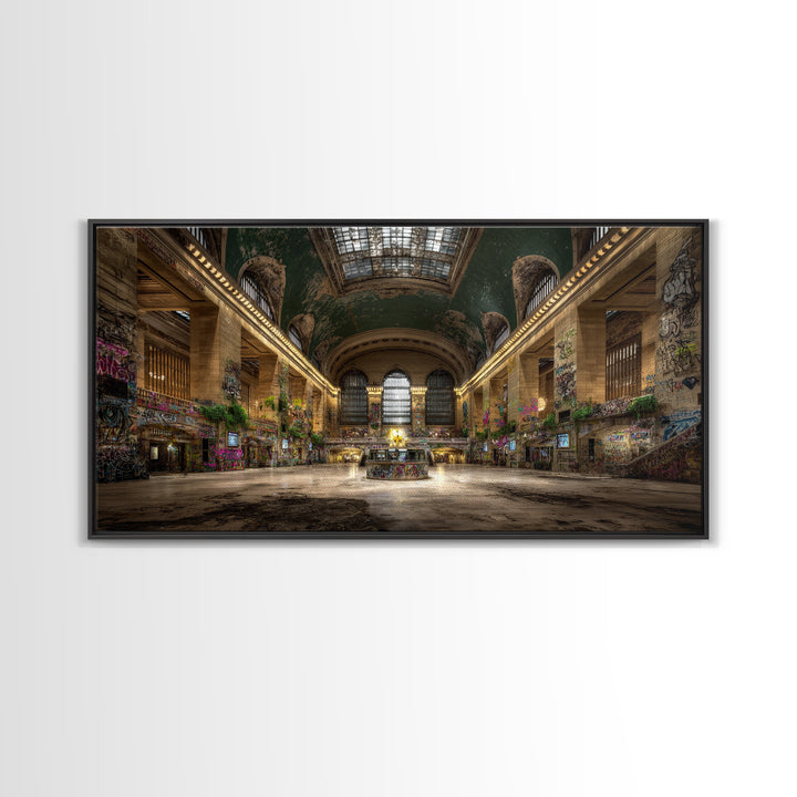 Overgrown Grand Train Station Wall Art, Abandoned Urban Canvas Print, Graffiti Decor, Architecture Poster, Eclectic Wall Decor