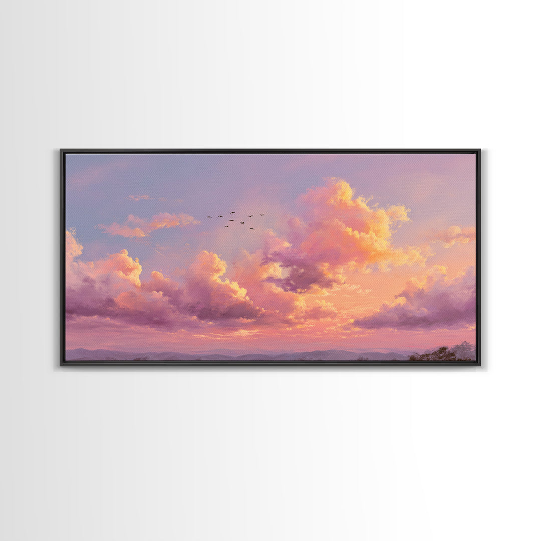Golden Pink Sunset Clouds Over Mountains Wall Art, Serene Landscape Canvas Print, Living Room Decor, Housewarming Gift For Her