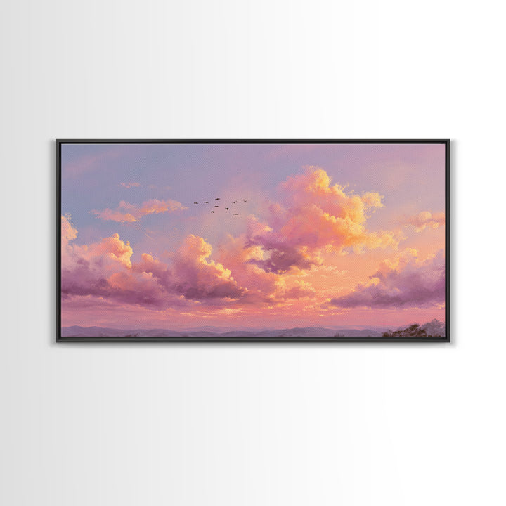 Golden Pink Sunset Clouds Over Mountains Wall Art, Serene Landscape Canvas Print, Living Room Decor, Housewarming Gift For Her