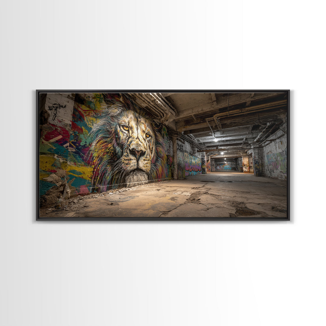 Underground Lion Graffiti Wall Art, Urban Street Art Canvas Print, Industrial Decor, Bold Wildlife Mural For Loft Office