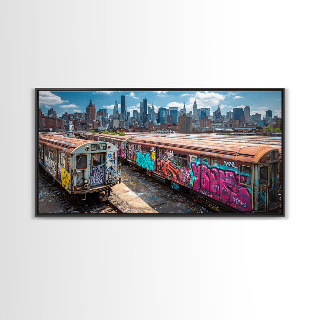 Graffiti Subway Trains With New York Skyline Wall Art, Urban Street Art Canvas Print, NYC Decor, Industrial Office Poster