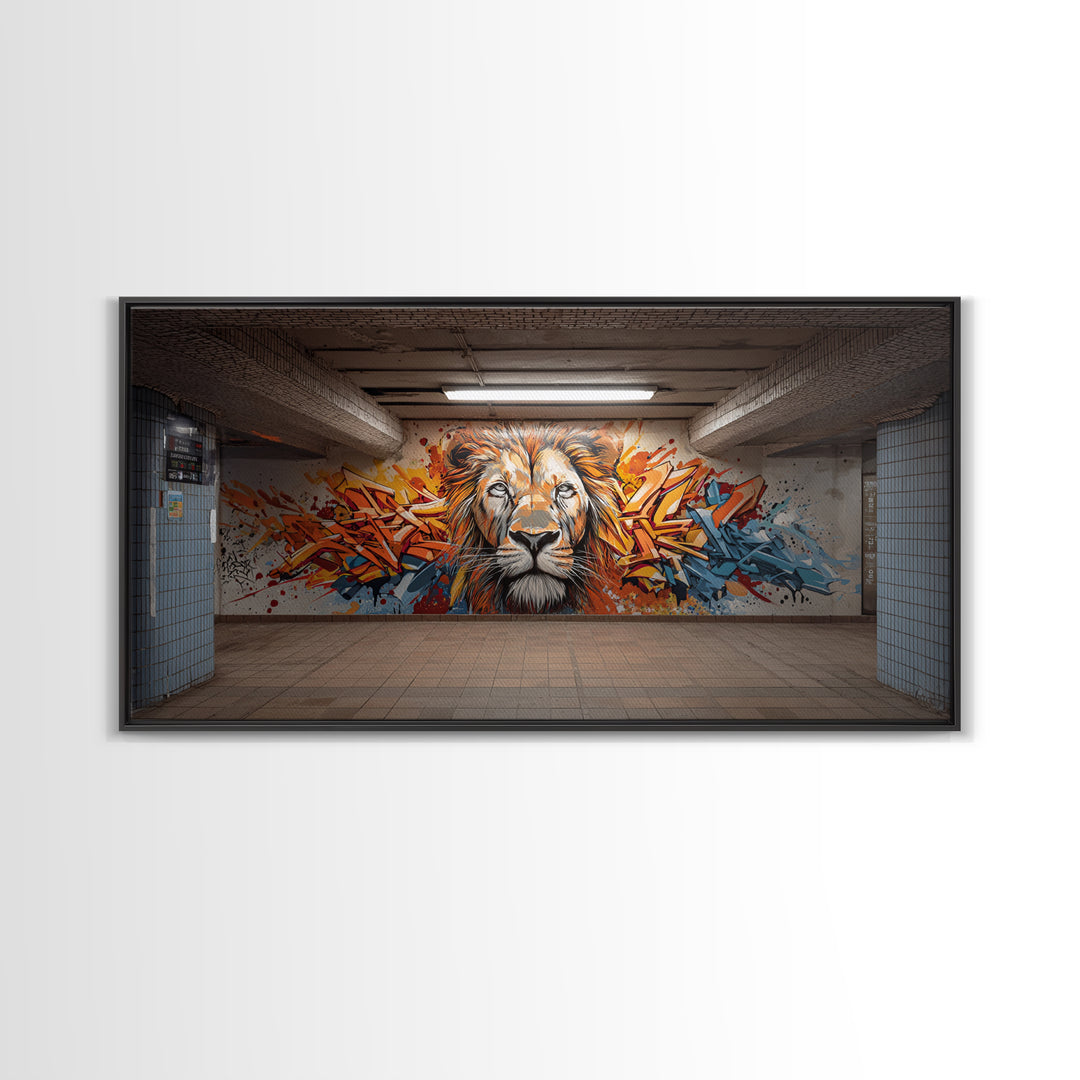 Colorful Graffiti Lion Subway Wall Art, Urban Street Art Canvas Print, Bold Modern Decor, Industrial Loft Statement Art Print