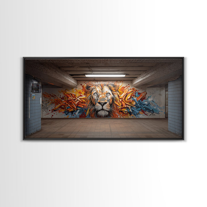 Colorful Graffiti Lion Subway Wall Art, Urban Street Art Canvas Print, Bold Modern Decor, Industrial Loft Statement Art Print