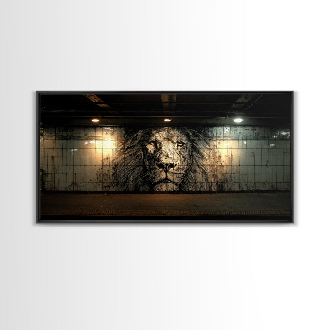 Black And White Lion Mural Wall Art, Urban Street Art Canvas, Industrial Loft Decor, Masculine Office Wall Decor, Bold Art Print