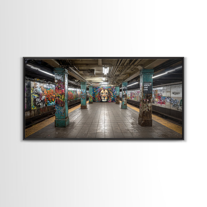 Graffiti Subway Platform With Lion Mural Wall Art, Urban Street Art Canvas Print, Pop Art Decor, Modern Office Wall Decor