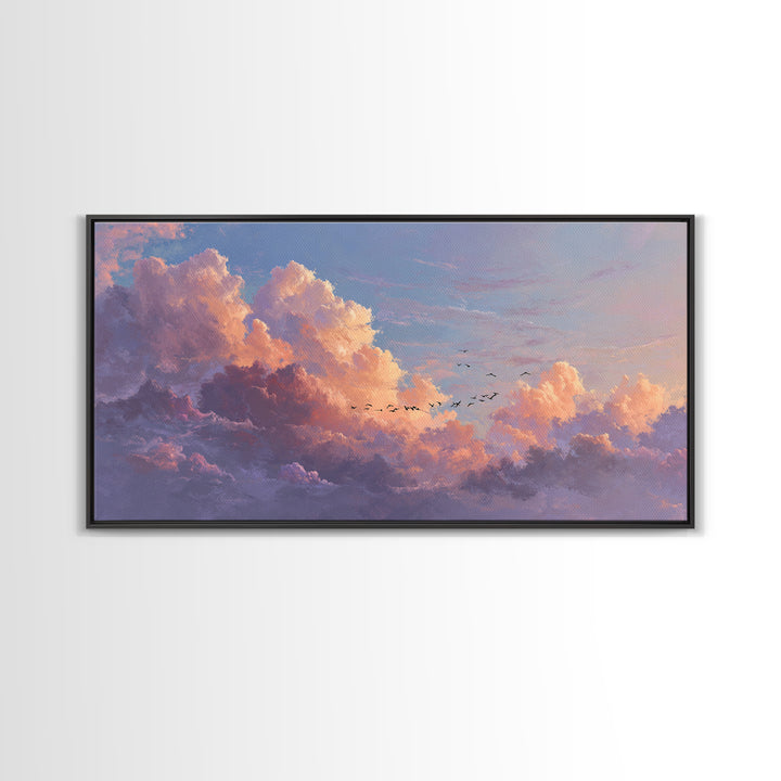 Dramatic Pastel Cloudscape With Birds Canvas Print, Sunset Sky Wall Art, Large Landscape Decor For Living Room, Office Decor
