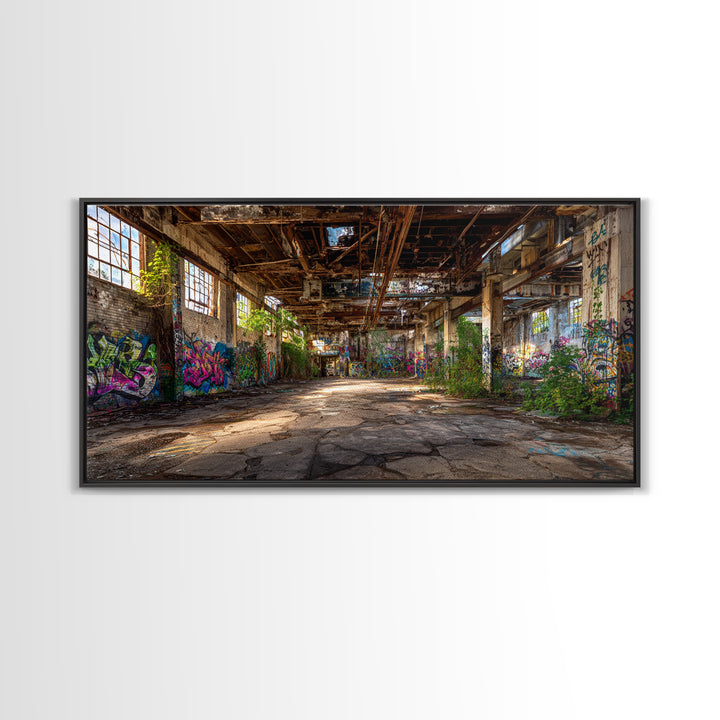 Abandoned Warehouse Graffiti Wall Art, Urban Decay Photography Canvas Print, Industrial Loft Decor, Large Street Art Poster