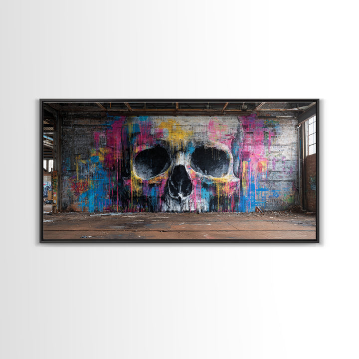 Neon Graffiti Skull Mural In Abandoned Warehouse Wall Art, Street Art Print, Gothic Decor, Edgy Urban Poster, Man Cave Decor