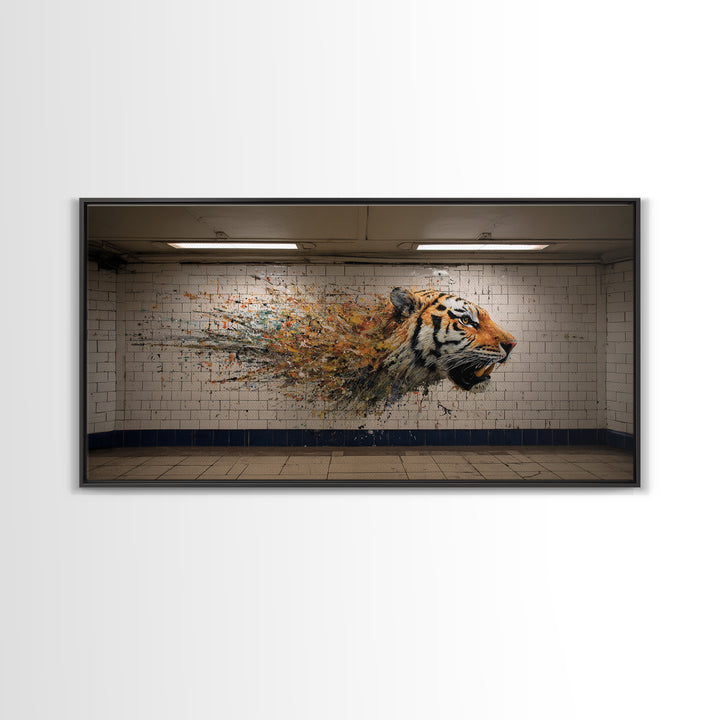 Exploding Tiger Subway Mural Wall Art, Urban Street Art Canvas Print, Bold Animal Decor, Maximalist Gift For Him Modern Loft