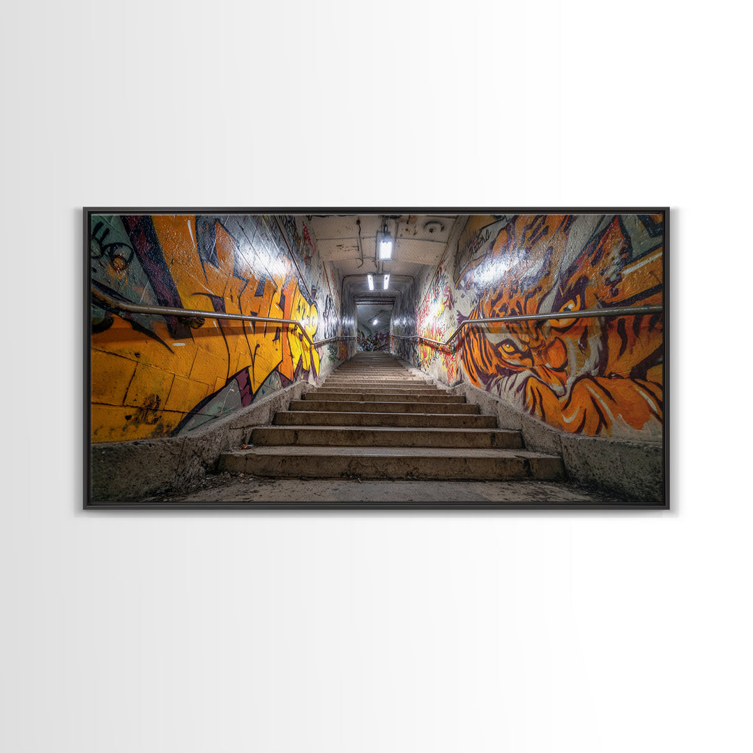 Graffiti Stairway Tunnel Wall Art, Underground Urban Street Art Canvas Print, Gritty Industrial Decor, Colorful Modern Art