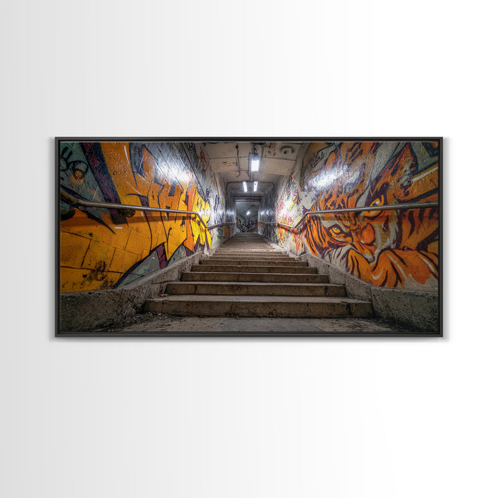 Graffiti Stairway Tunnel Wall Art, Underground Urban Street Art Canvas Print, Gritty Industrial Decor, Colorful Modern Art