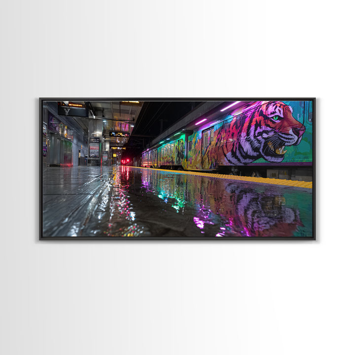 Neon Tiger Train Station Wall Art, Urban Subway Graffiti Canvas Print, Cyberpunk Animal Decor For Modern Living Room Gallery