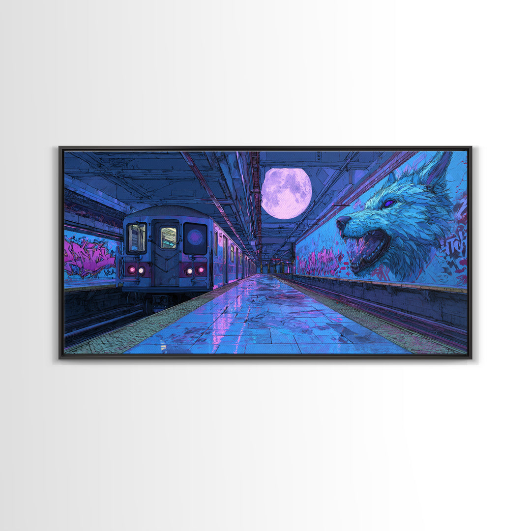 Moonlit Subway Wolf Canvas Print, Cyberpunk Train Station Wall Art, Neon Animal Graffiti Decor, Modern Urban Home Decor For Gamer Room