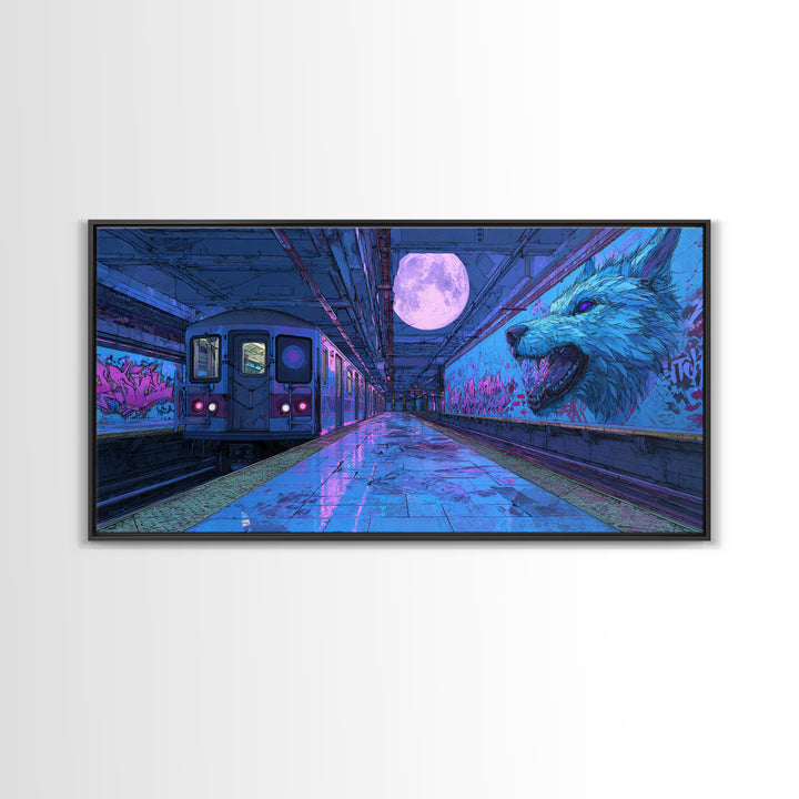 Moonlit Subway Wolf Canvas Print, Cyberpunk Train Station Wall Art, Neon Animal Graffiti Decor, Modern Urban Home Decor For Gamer Room