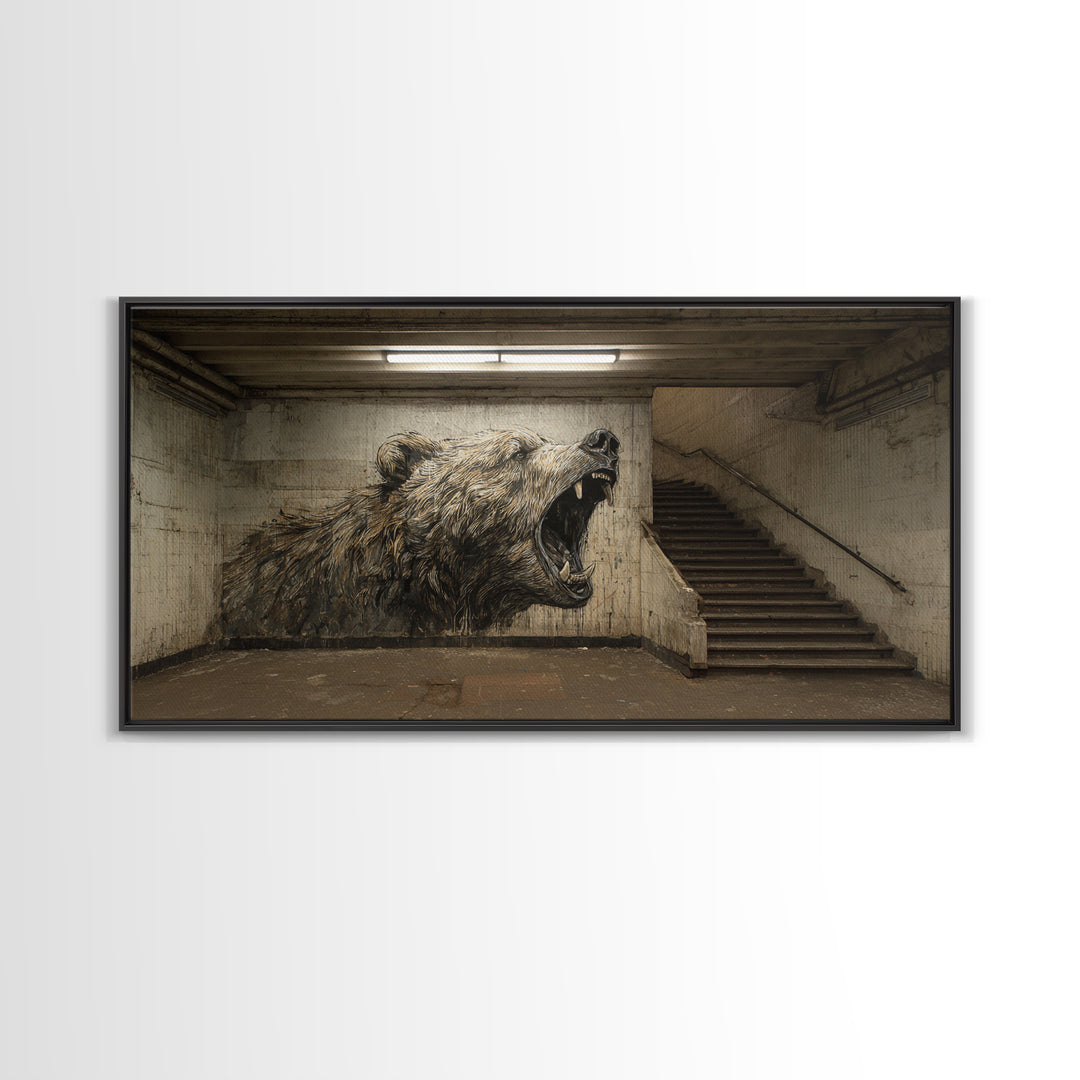 Roaring Bear Urban Subway Wall Art, Black And White Graffiti Canvas Print, Industrial Bathroom Decor, Animal Poster, Gift