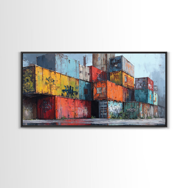 Stacked Graffiti Shipping Containers Wall Art, Urban Industrial Canvas Print, Street Art Decor, Modern Office Wall Decor