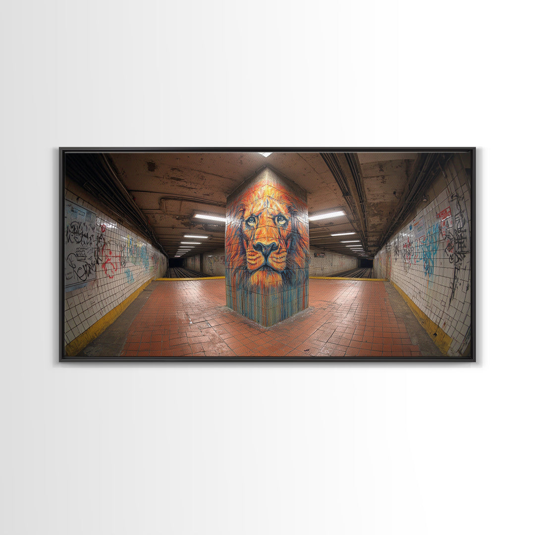 Lion Graffiti Mural In Subway Tunnel Canvas Print, Urban Street Art, Bold Animal Wall Decor, Modern Maximalist Home Decor