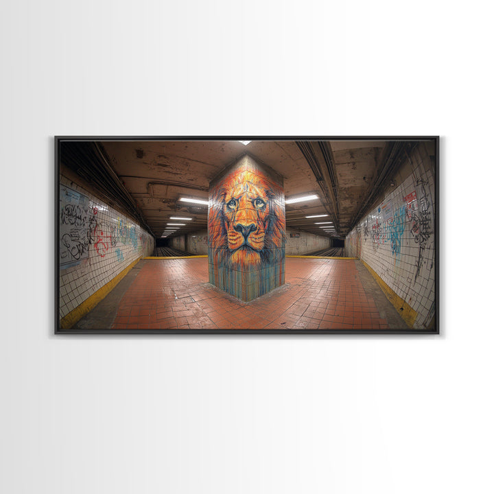 Lion Graffiti Mural In Subway Tunnel Canvas Print, Urban Street Art, Bold Animal Wall Decor, Modern Maximalist Home Decor