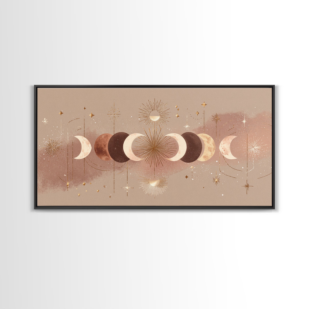 Boho Moon Phases And Radiant Sun Wall Art, Celestial Decor, Mystical Stars Print, Neutral Boho Bedroom Gallery Canvas Print