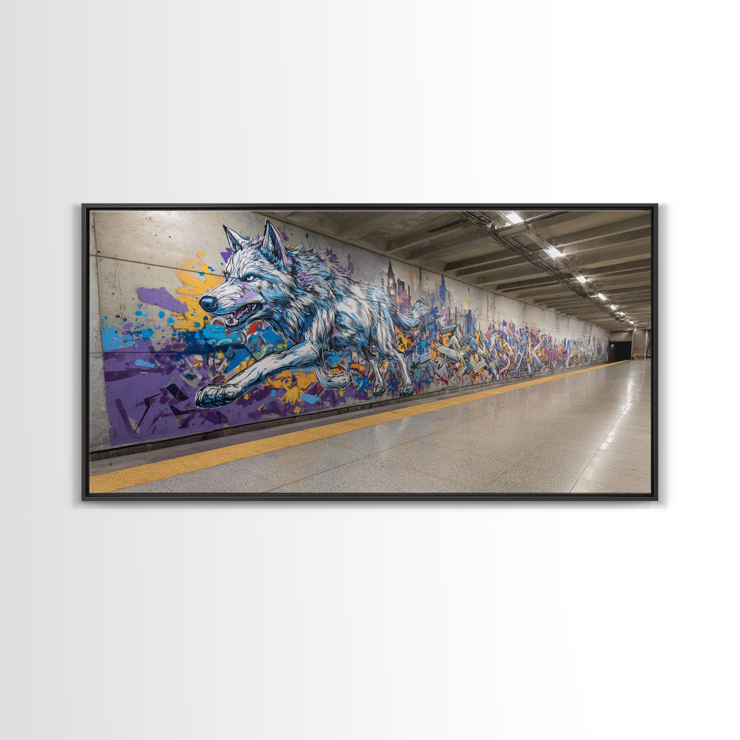 Running Wolf Graffiti Subway Mural Canvas Print, Urban Street Art Wall Art, Colorful Animal Decor, Modern Man Cave Art Gift