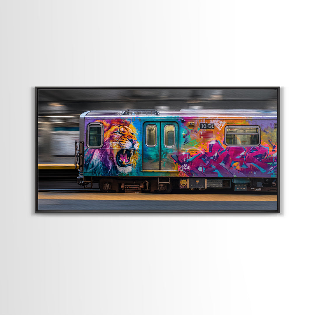 Colorful Lion Graffiti Train Canvas Print, Urban Street Art Wall Art, Dopamine Decor, Bold Pop Art Subway Photography Print