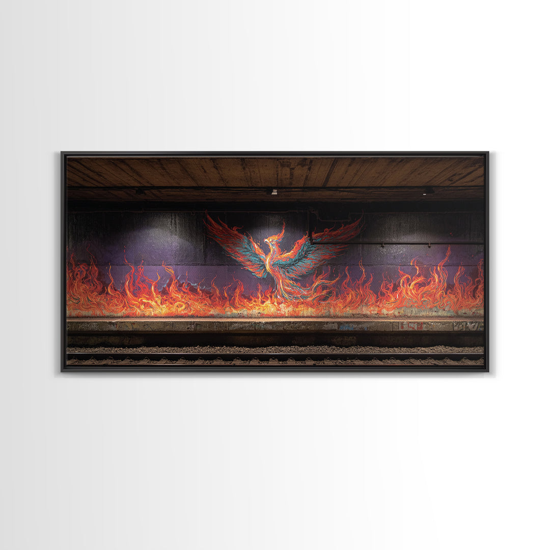 Fiery Phoenix Graffiti In Subway Tunnel Wall Art, Urban Street Art Canvas Print, Bold Industrial Decor, Modern Home Gift
