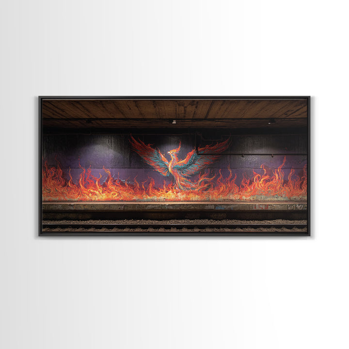 Fiery Phoenix Graffiti In Subway Tunnel Wall Art, Urban Street Art Canvas Print, Bold Industrial Decor, Modern Home Gift