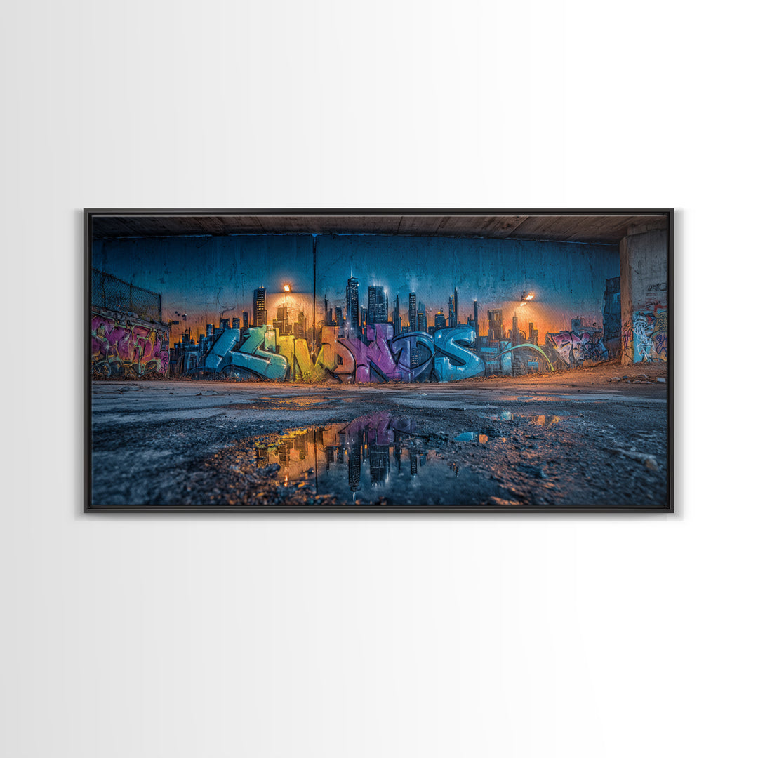 Rainy Urban Graffiti Skyline Wall Art, Street Art Canvas Print, Cyberpunk City Decor, Industrial Office Wall Decor, Modern Home Decor