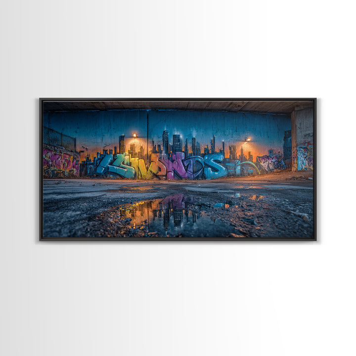 Rainy Urban Graffiti Skyline Wall Art, Street Art Canvas Print, Cyberpunk City Decor, Industrial Office Wall Decor, Modern Home Decor