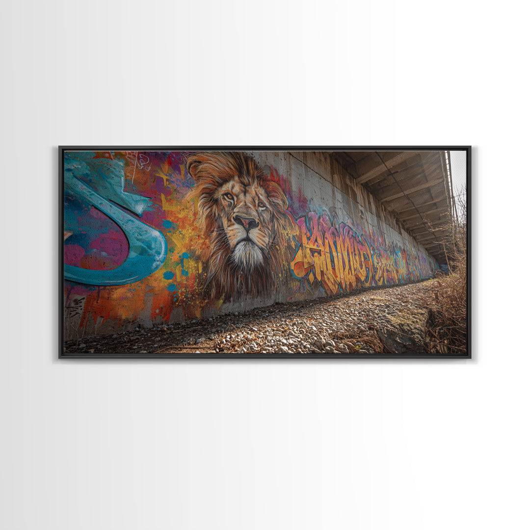 Lion Graffiti Underpass Canvas Print, Urban Street Art Wall Art, Colorful Wildlife Decor, Big Cat Mural Photography Print