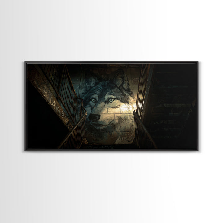 Dark Wolf Mural Stairwell Wall Art, Urban Animal Canvas Decor, Moody Graffiti Print, Masculine Office Decor Housewarming Gift For Him