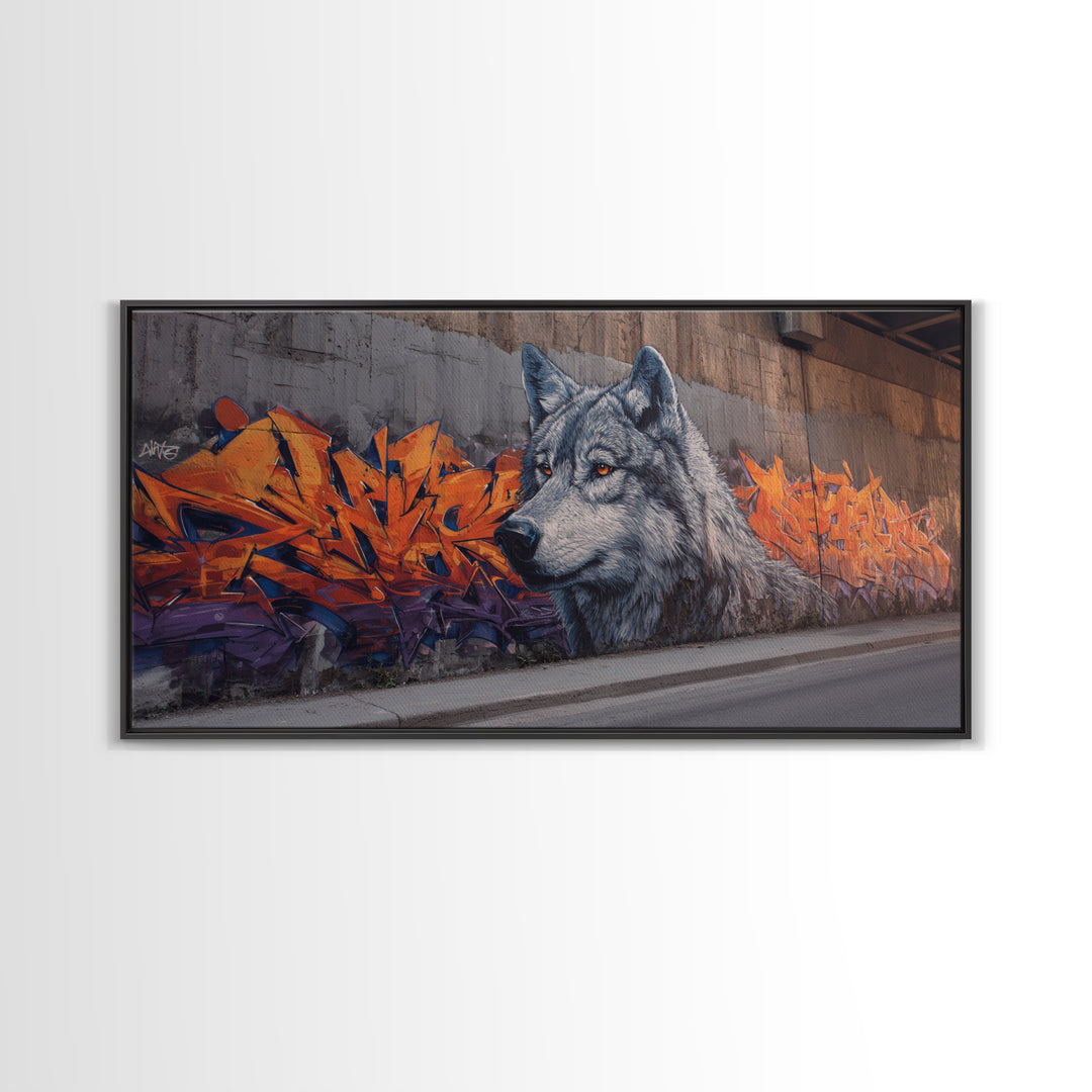 Gray Wolf Graffiti Mural Wall Art, Wildlife Street Canvas Print, Orange Urban Decor, Wolf Lover Gift, Modern Loft Apartment