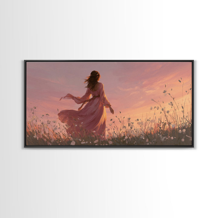 Woman In Pink Dress Sunset Meadow Canvas Print, Romantic Wall Art, Feminine Floral Decor, Dreamy Bedroom Living Room Art Gift For Her