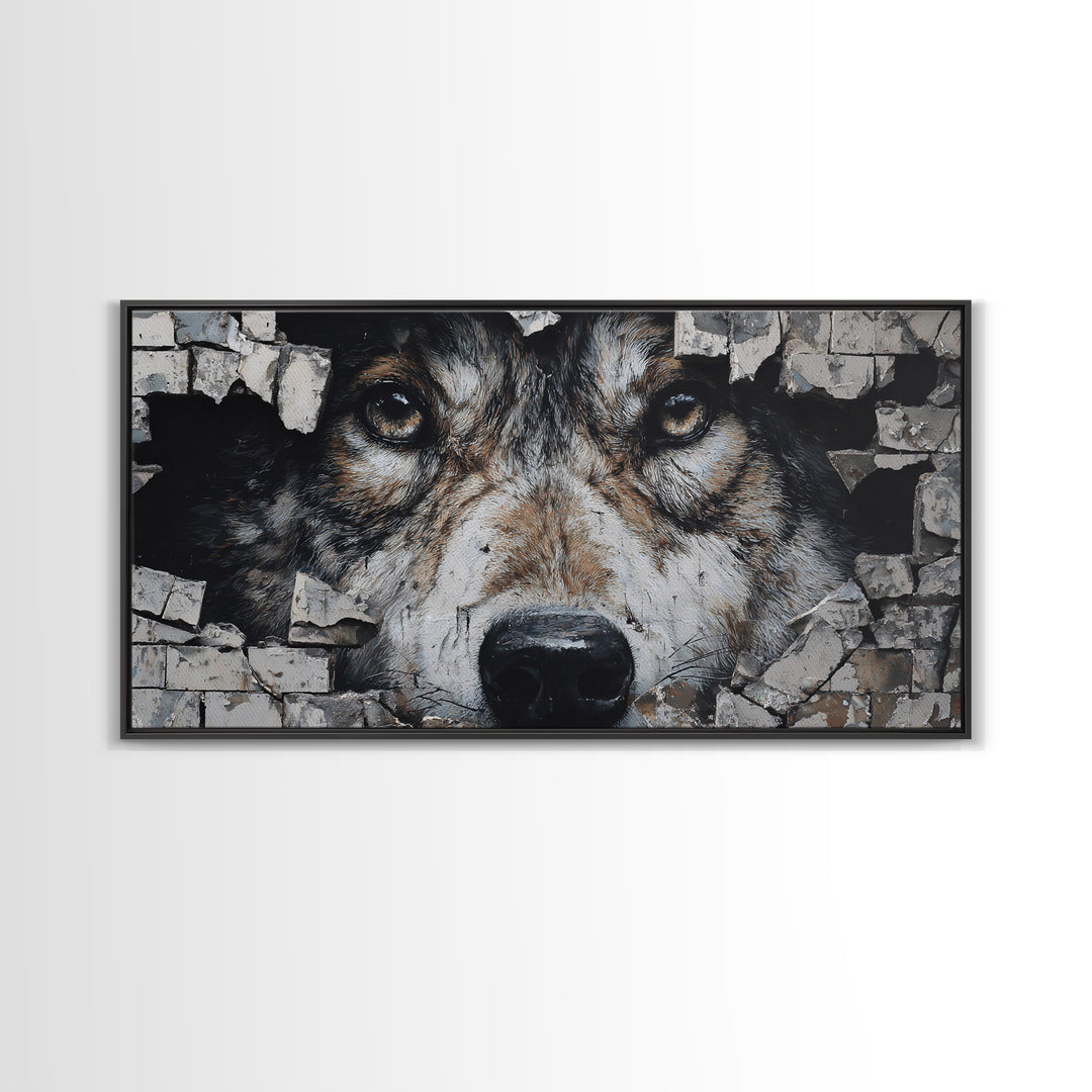 Wolf Dog Peeking Through Brick Wall Art, Rustic Animal Canvas Print, Wildlife Decor, Pet Lover Gift For Cabin Or Office Decor