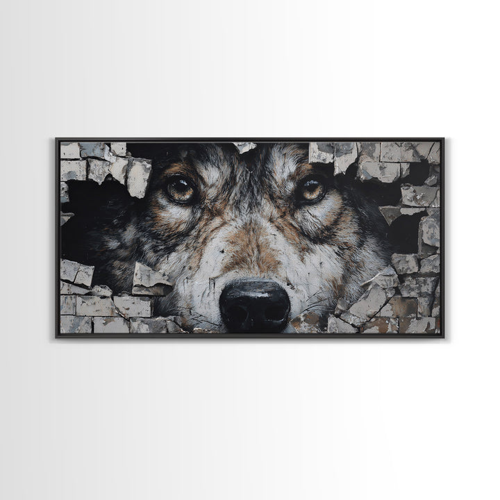 Wolf Dog Peeking Through Brick Wall Art, Rustic Animal Canvas Print, Wildlife Decor, Pet Lover Gift For Cabin Or Office Decor