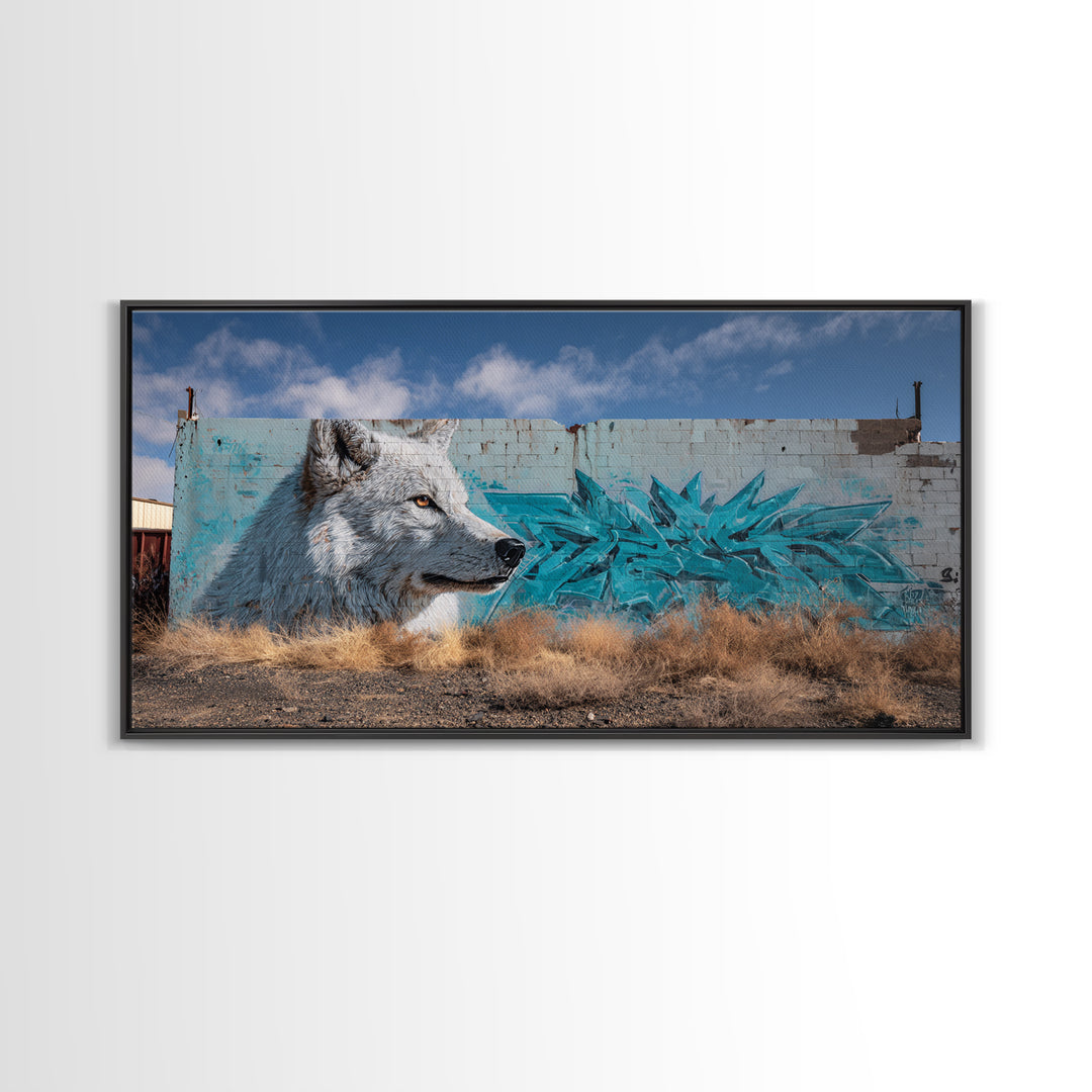 White Wolf Graffiti Mural On Weathered Wall Art, Urban Wildlife Canvas Print, Southwestern Street Decor, Animal Lover Gift
