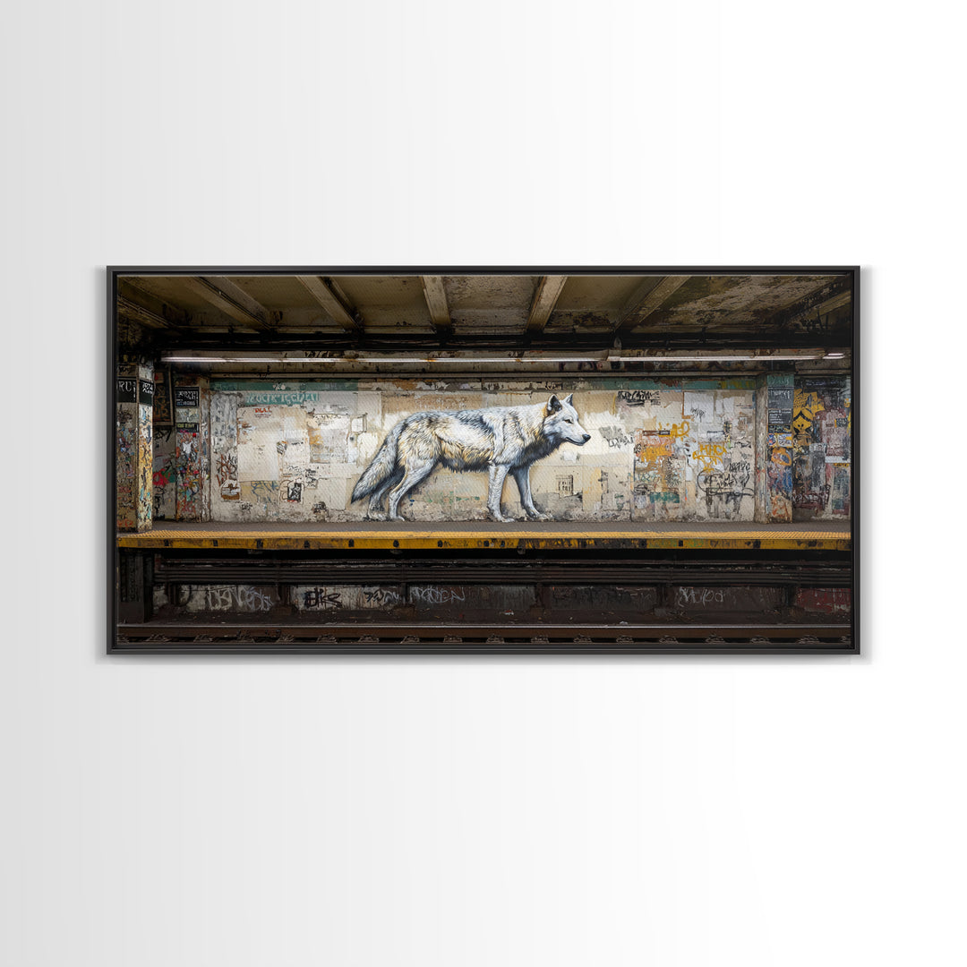 White Wolf Subway Graffiti Wall Art, Urban Animal Canvas Print, Gritty Street Art For Loft Office And Man Cave Decor Gift