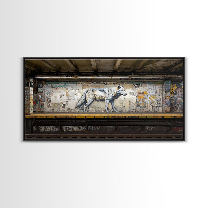White Wolf Subway Graffiti Wall Art, Urban Animal Canvas Print, Gritty Street Art For Loft Office And Man Cave Decor Gift
