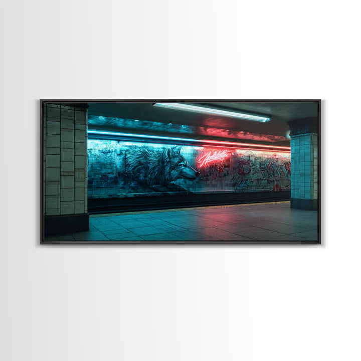 Neon Wolf Mural In Subway Station Wall Art, Urban Animal Street Art Print, Blue Red Graffiti Decor For Modern Loft Home Decor